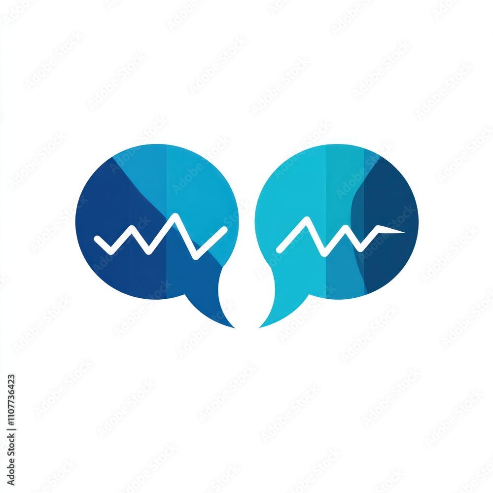 Poster two interconnected speech bubbles with abstract wave graphic, representing communication or data exc