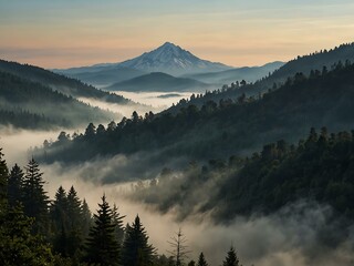 Obraz premium Misty mountain view in the distance.