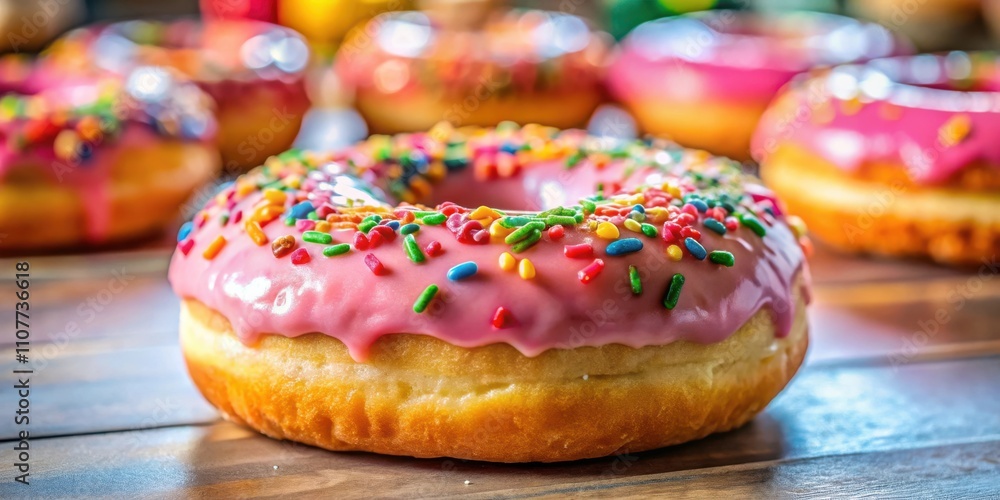 Poster a single pink frosted donut with colorful sprinkles sits on a wooden surface with other donuts out o