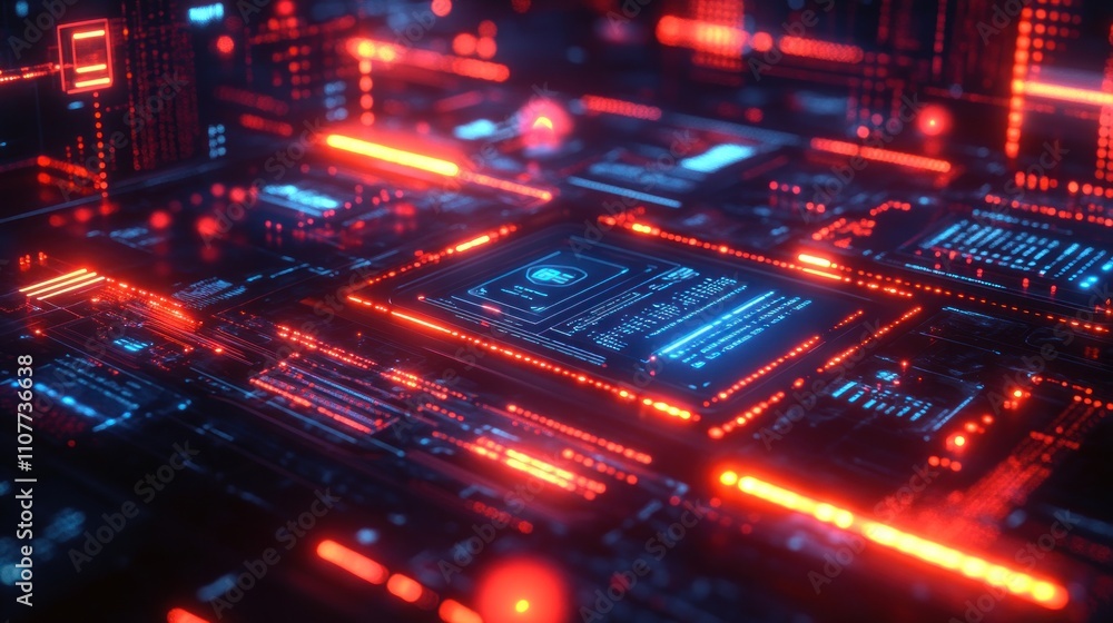 Poster futuristic digital circuit board with glowing red and blue lines, displaying data.