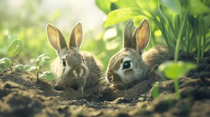Obraz premium Two Baby Rabbits Hiding In Garden Soil
