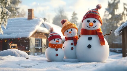 Obraz premium A snowman family with matching hats and scarves placed in a cozy backyard covered in thick snow