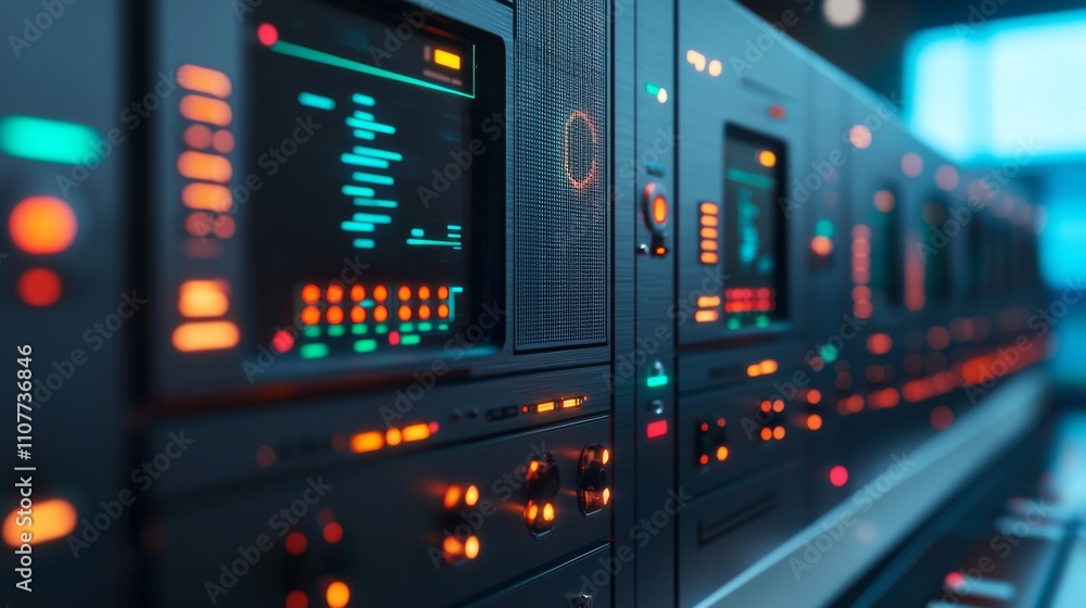 Aufkleber a close-up view of a futuristic control panel featuring illuminated buttons and screens, showcasing 
