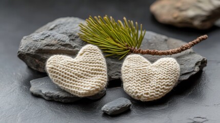 Heart-shaped knitted decor on stone natural still life cozy indoor setting rustic aesthetic close-up view