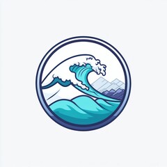 Naklejka premium Ocean wave crashing over mountains in a circular emblem.