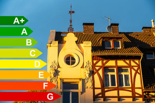 Jugendstil Mehrfamilienhaus im Abendlicht in D&uuml;sseldorf, Energieeffizienzklassen nach dem GEG, D&uuml;sseldorf,Deutschland