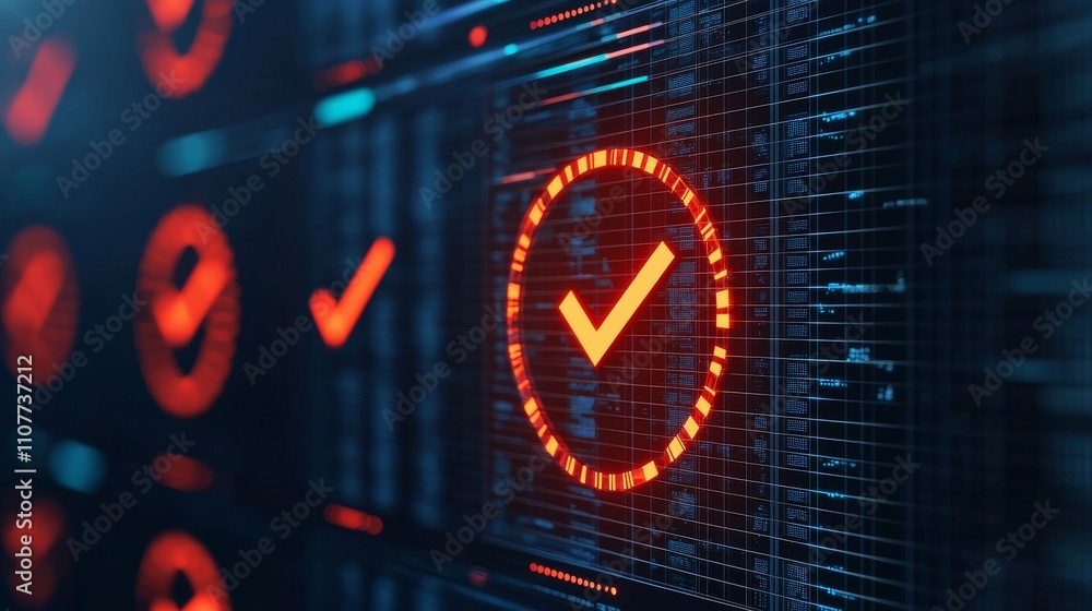 Poster a digital interface featuring glowing check marks against a dark background, symbolizing approval or