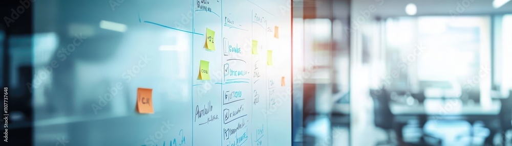 Poster a modern office space featuring a whiteboard with handwritten notes and sticky notes, creating a col