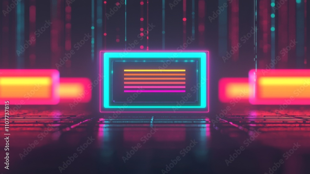 Poster a futuristic digital scene featuring a glowing screen surrounded by vibrant neon lights and vertical
