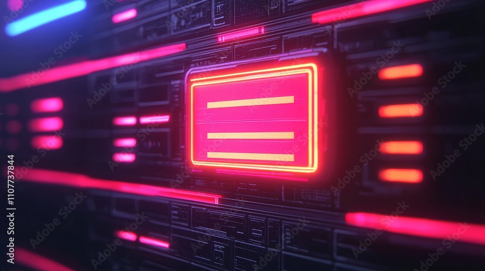 Poster a vibrant, abstract digital circuit board with glowing neon lines and a central illuminated rectangl