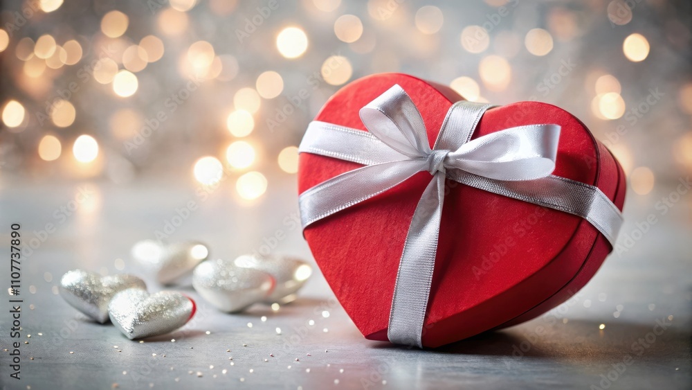 Poster heart-shaped box with a silver ribbon and bow, a symbol of love and romance, resting on a surface ad