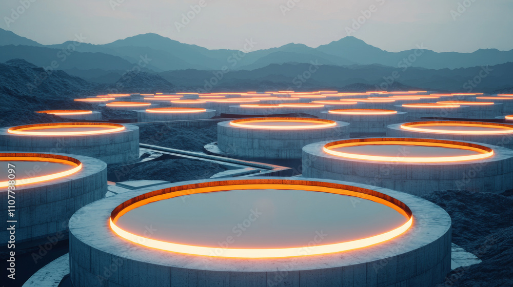 Poster a surreal landscape featuring circular structures with glowing edges, set against mountainous terrai