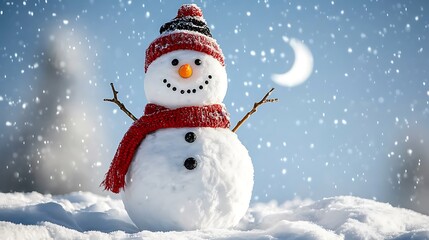 Obraz premium A frosty snowman with twinkling stars in the background placed on a snowy hilltop under a crescent moon