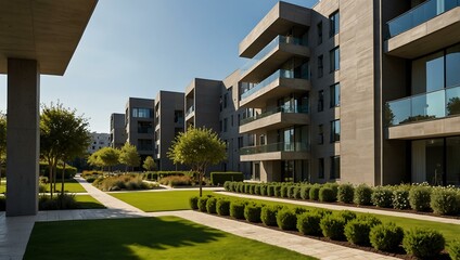 Modern architectural complex with landscaped gardens.