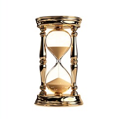 Elegant golden hourglass showcasing the passage of time, symbolizing time management and productivity, isolated on a clean white background.