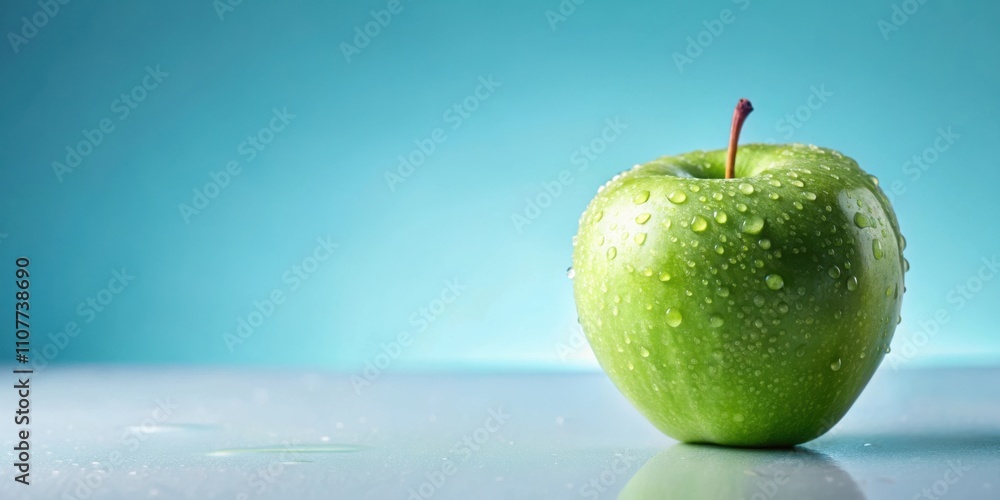 Aufkleber A single green apple with water droplets on its surface rests against a blue background.  The apple has a shiny, smooth texture with a slight reflection of the blue background on its surface.