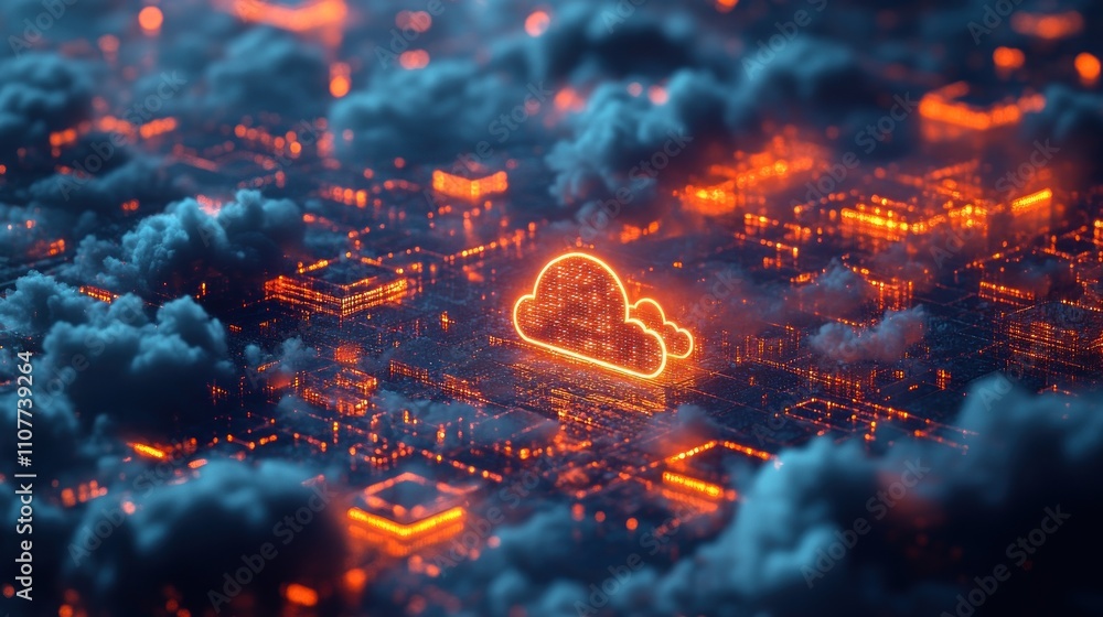 Poster abstract cloud computing concept with glowing orange cloud symbol on a futuristic digital background