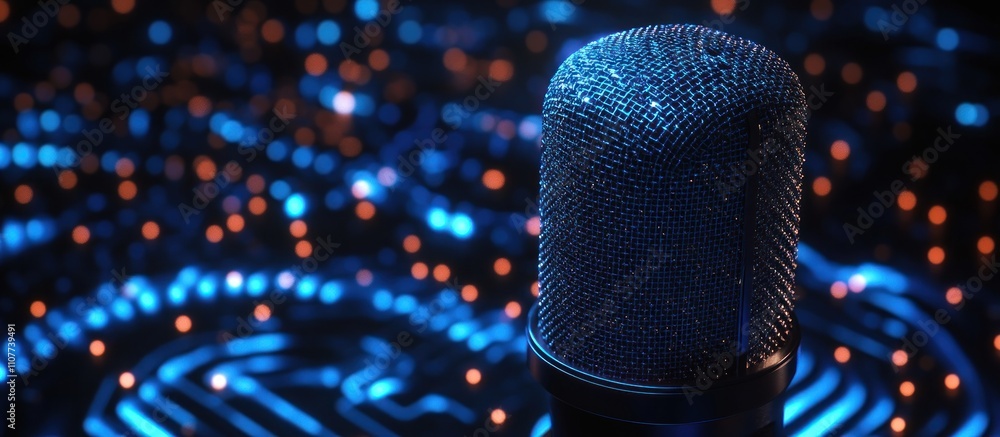 Poster close-up of a microphone with a blue grid pattern on a dark blue background with blue and orange bok