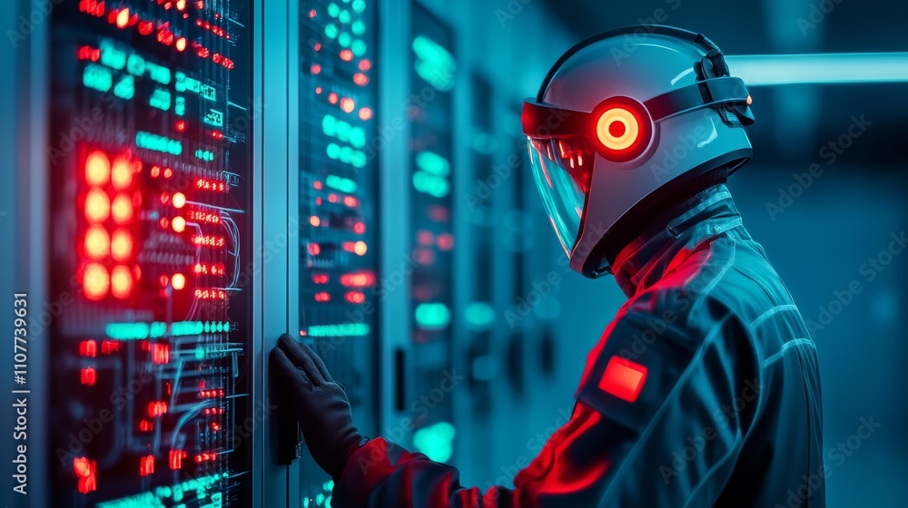 Aufkleber a futuristic figure in a high-tech environment interacts with glowing server panels, wearing a helme