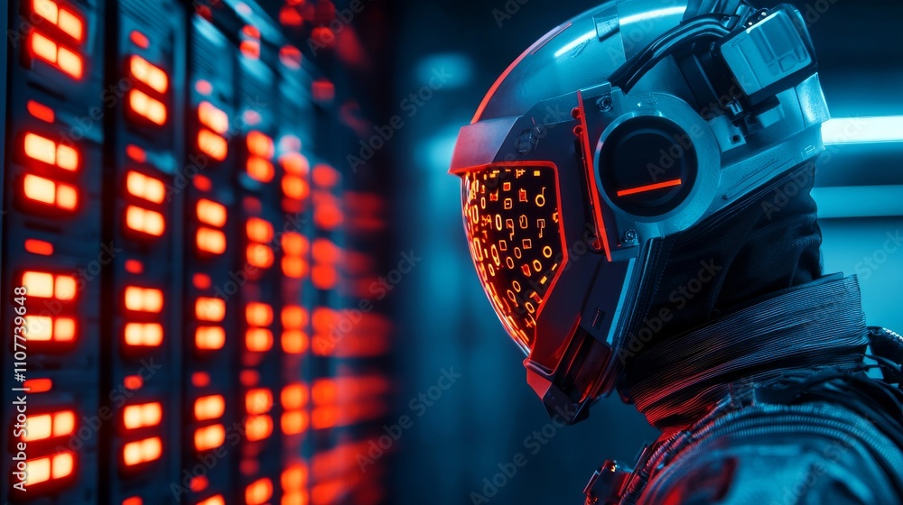 Aufkleber a futuristic figure in a high-tech helmet stands before a glowing wall of data servers, illuminated 