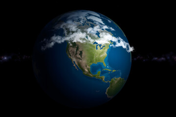 Fototapeta premium A composite view of planet Earth showing continents with vibrant green fields, clear blue oceans and detailed cloud cover, surrounded by the blackness of space with a soft glow on the horizon