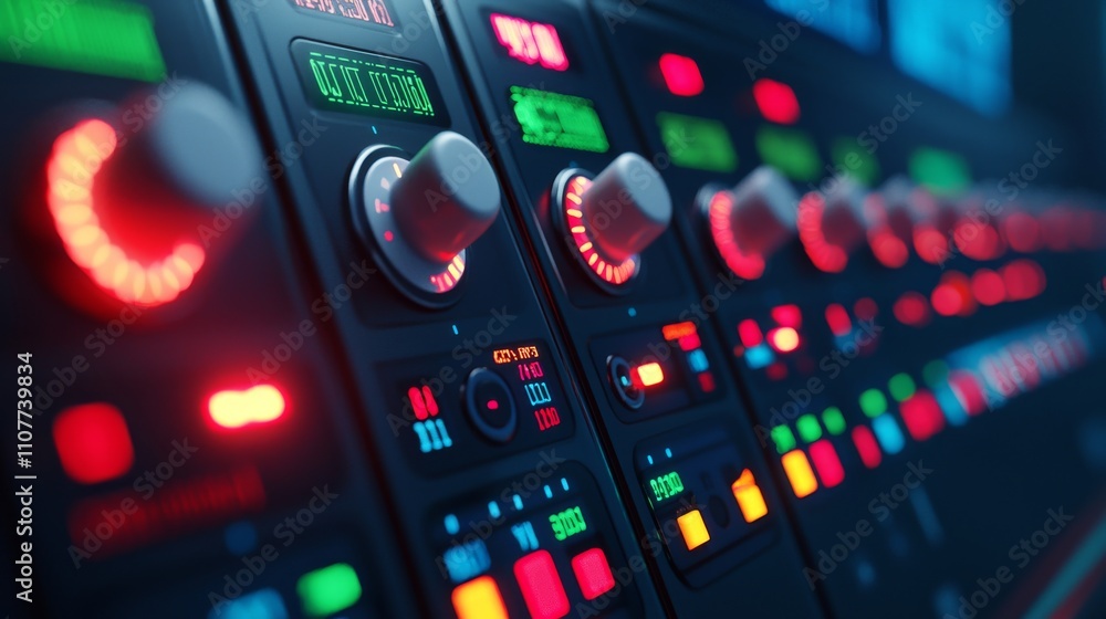Poster a close-up view of a control panel featuring colorful lights and knobs, likely used in audio or vide