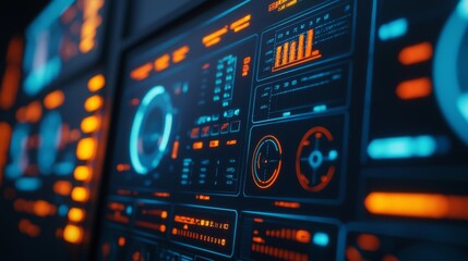 Fototapeta premium A vibrant interface displaying dynamic graphs, gauges, and digital metrics, showcasing advanced data visualization and technology.