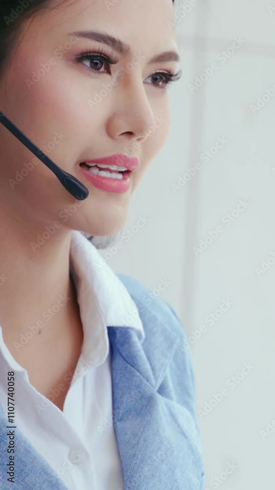 Aufkleber customer support agent or call center with headset works on desktop computer while supporting the cu