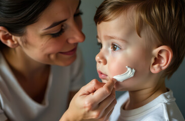 Mother applying cream to child's face with gentle care and love. Care Day