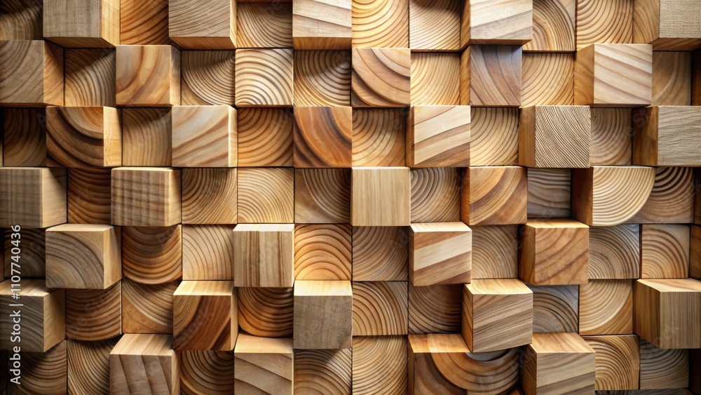 Aufkleber A close-up view of a wooden wall constructed from a repeating pattern of stacked, natural, square blocks, each showcasing intricate grain patterns and varying tones of brown and beige.