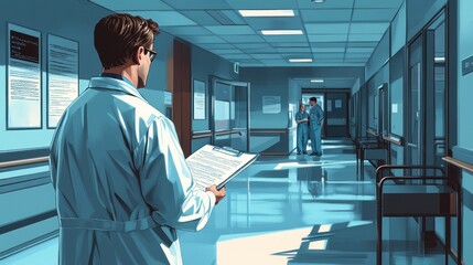 Fototapeta premium Doctor reviewing charts in a hospital hallway, colleagues in background.
