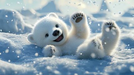 Fototapeta premium fluffy polar bear cub in 3d animation, playfully rolling in fresh snow with a joyful smile. Glacial. Illustration