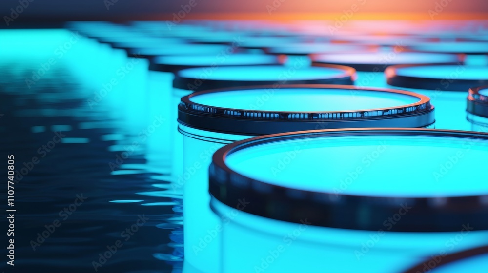 Poster a row of glowing containers sits on a reflective surface, illuminated by a blue light, creating a se
