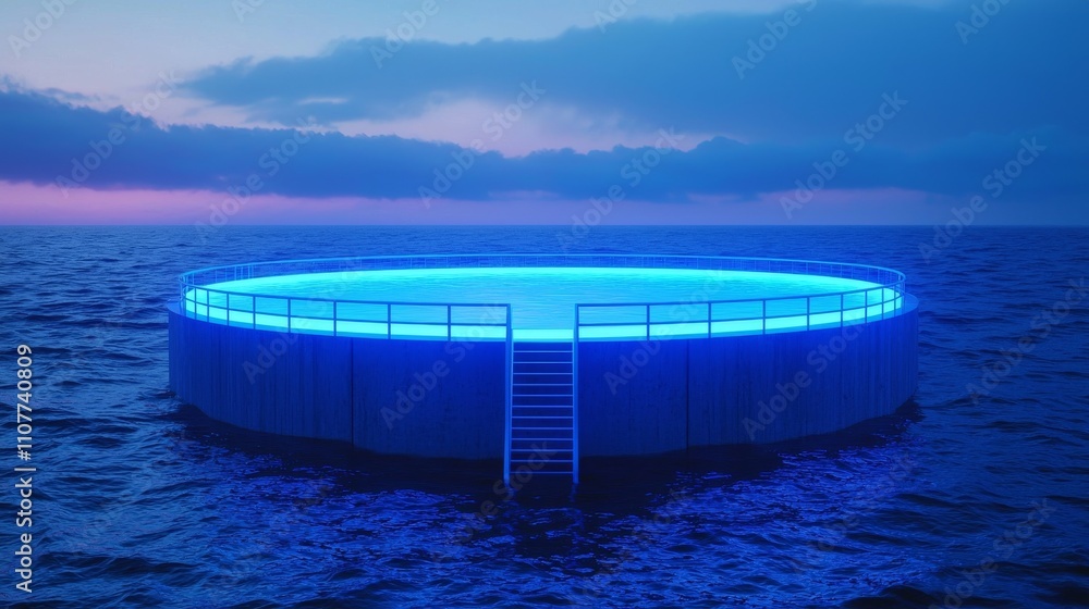 Poster a circular, illuminated platform floats on calm ocean waters under a twilight sky, creating a serene