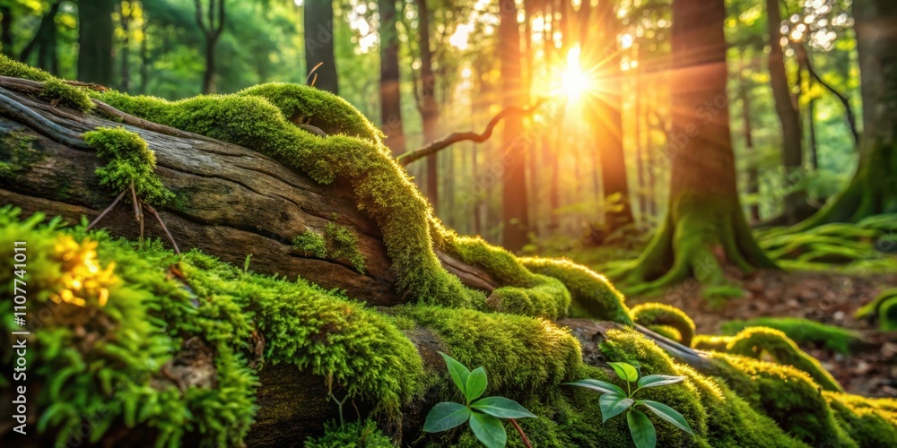Poster Sunlight filters through a dense forest canopy, illuminating a moss-covered fallen log and the surrounding woodland floor.