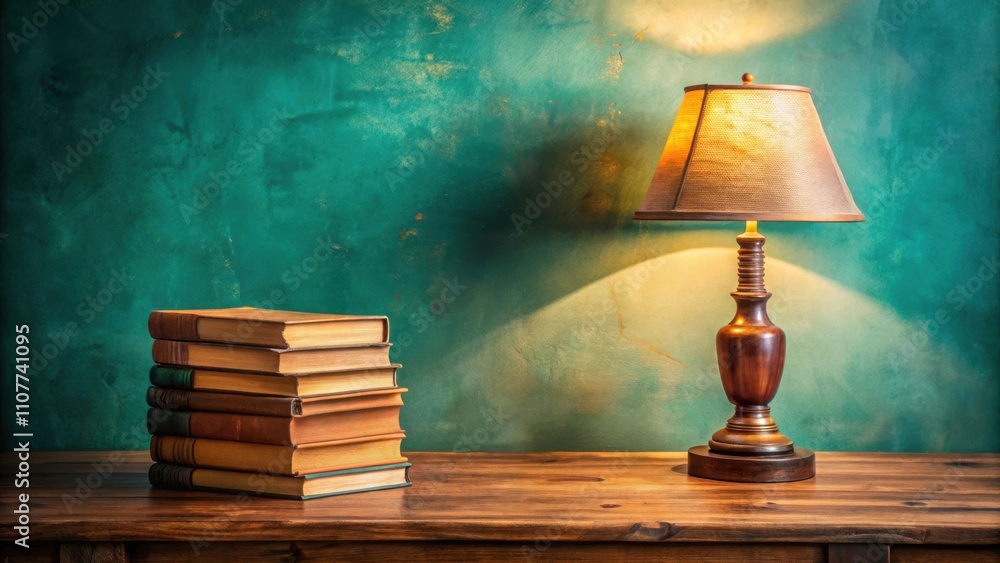 Poster a classic wooden table lamp casts a warm glow on a stack of old books, creating a cozy atmosphere ag