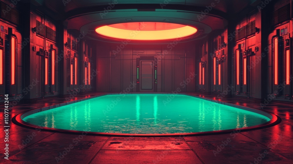 Poster a futuristic indoor pool illuminated by dramatic red and green lighting, creating a surreal and atmo