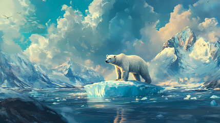 Naklejka premium A majestic polar bear stands on a floating iceberg in an arctic landscape, surrounded by icy waters and dramatic skies. Glacial. Illustration