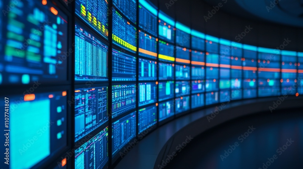 Aufkleber a modern control room featuring multiple screens displaying data and analytics in vibrant blue tones