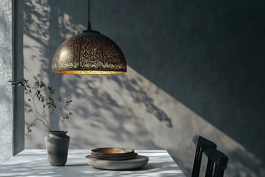 minimalist wooden table with lamp, bouls with clean white wall background