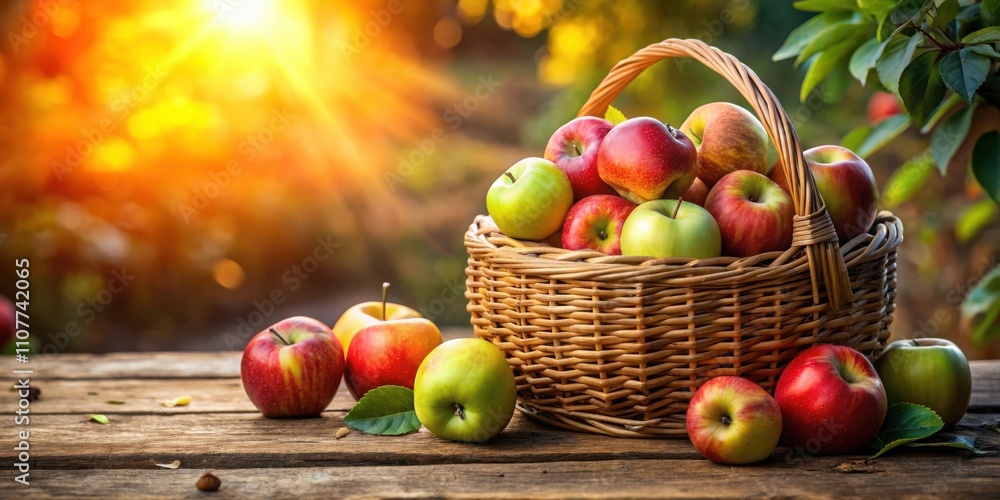 Poster a wicker basket filled with red and green apples sits on a wooden table with a warm autumn backdrop