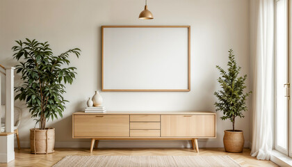 Modern and Minimalist Interior Design Featuring a Wooden Sideboard, Empty Picture Frame, and Potted Plants