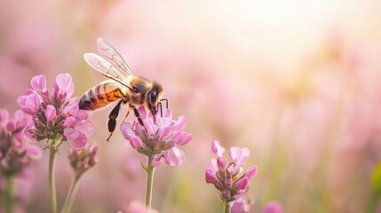 A honeybee collects nectar from vibrant pink flowers bathed in soft sunlight, illustrating nature's beauty and the pollination process.