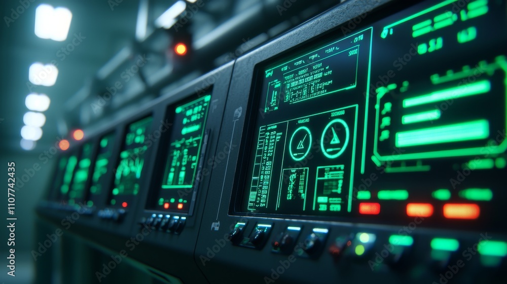Poster a close-up view of high-tech control panels with glowing green displays, showcasing various data rea