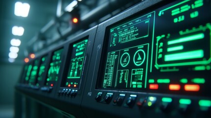 Fototapeta premium A close-up view of high-tech control panels with glowing green displays, showcasing various data readings and digital interfaces in a futuristic setting.