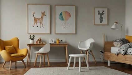 Modern children&rsquo;s room with table, chair, and white poster.