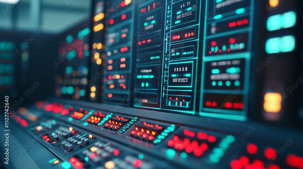Aufkleber a vibrant control panel filled with glowing buttons and screens, showcasing a high-tech interface in