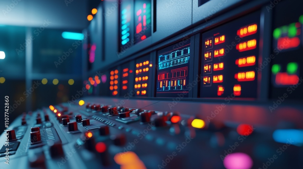 Poster a close-up view of a colorful control panel featuring various buttons and screens, highlighting a mo