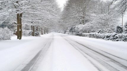 Winter wonderland scene snow-covered road nature photography serene landscape tranquil atmosphere scenic view