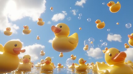 Rubber ducks floating and flying in a cloudy sky with soap bubbles